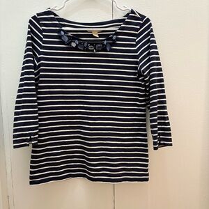 Banana republic size S Navy and White Striped Top with Embellished Neckline